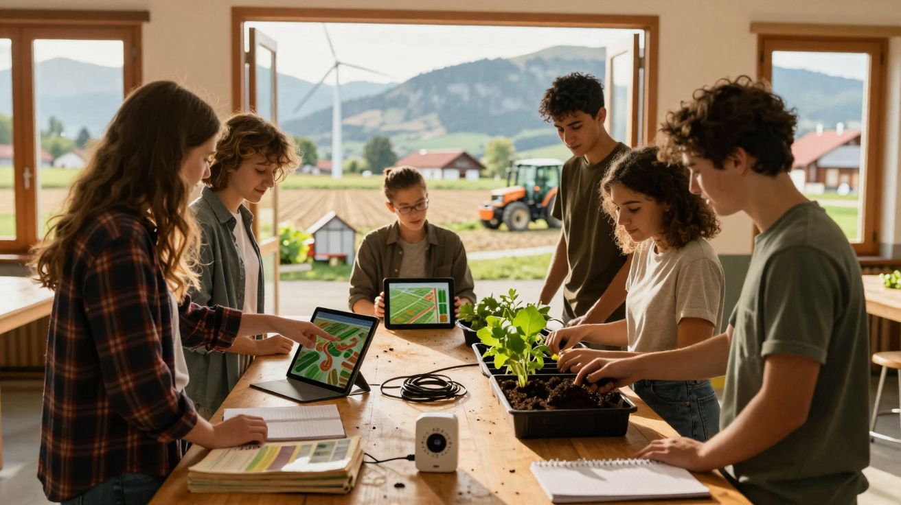Grupo de jovens estudando agricultura e tecnologia com tablet e plantas em sala com vista para fazenda.