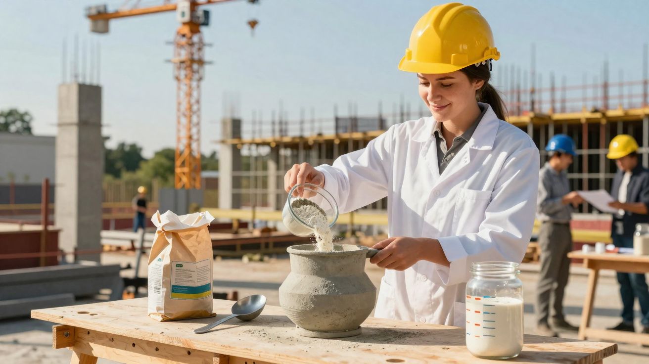 Mulher com capacete amarelo mistura material de construção em obra com equipamentos ao fundo.