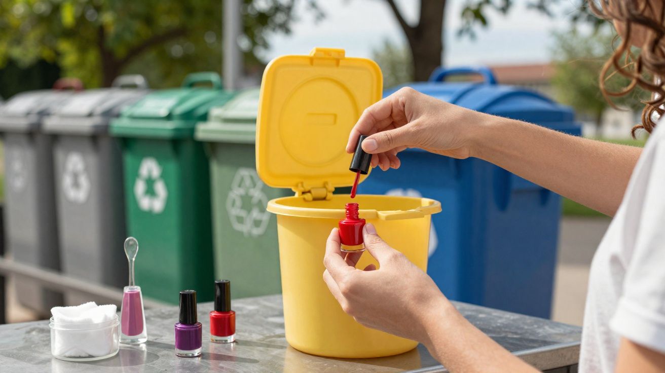 Pessoa descartando esmalte vermelho em recipiente amarelo para coleta seletiva, com lixeiras ao fundo.