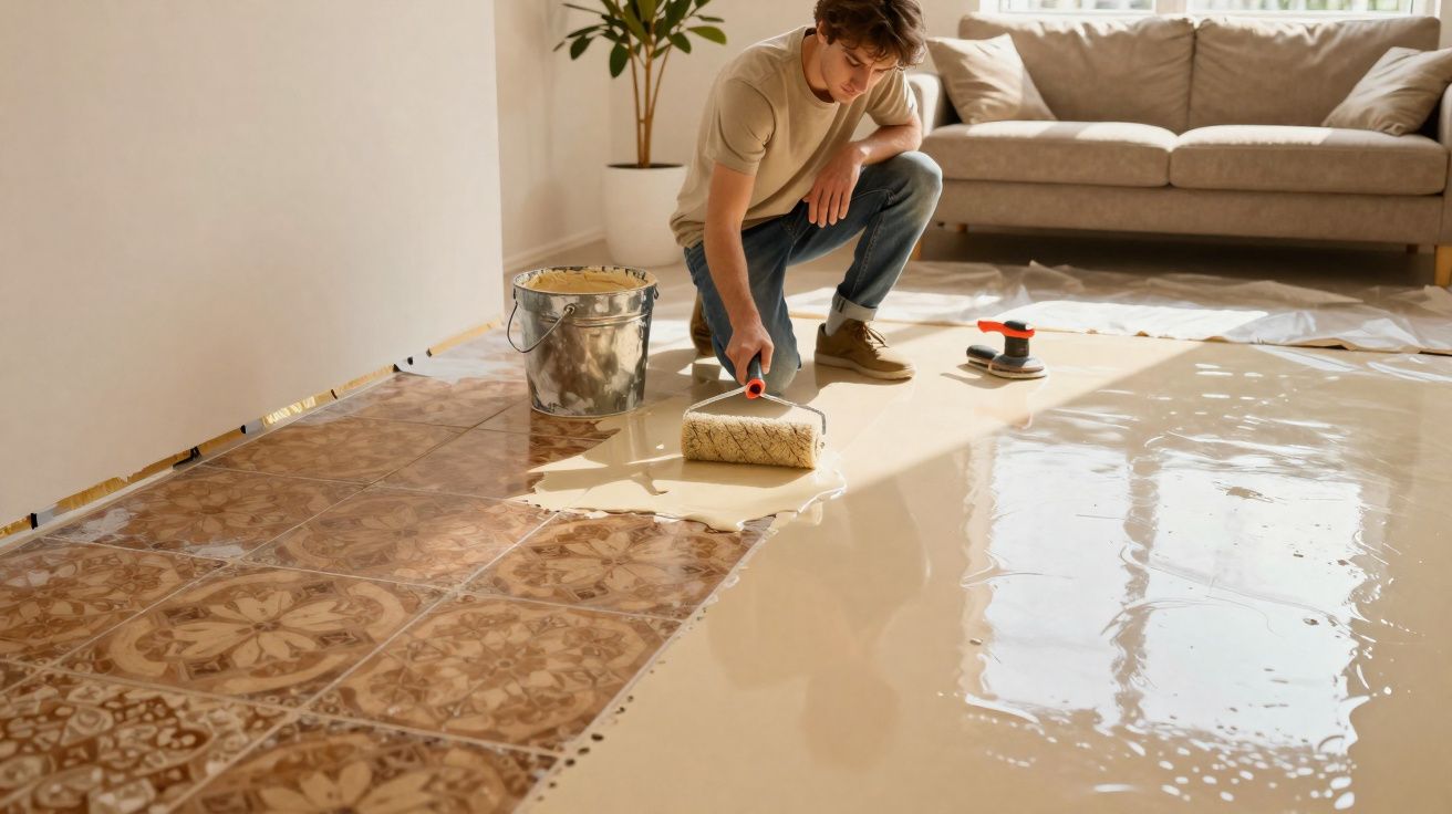 Homem aplicando tinta epóxi bege sobre piso de azulejos decorados em sala com sofá.