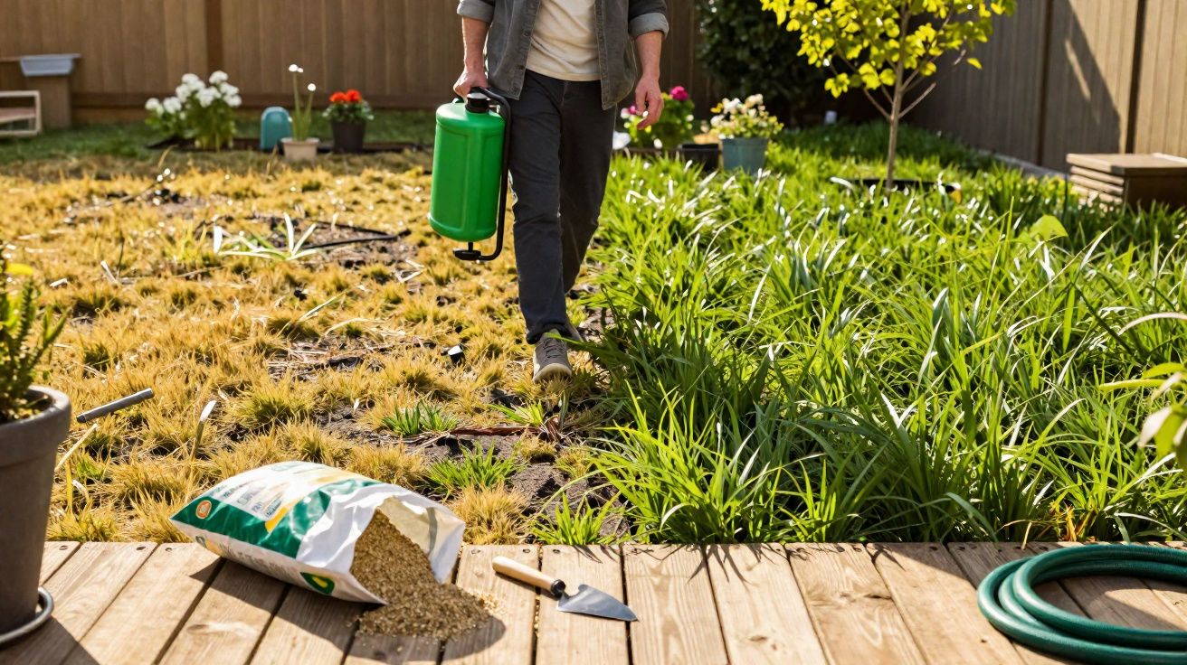 Pessoa segurando regador verde em jardim com plantas, sacos de adubo e mangueira no chão de madeira.