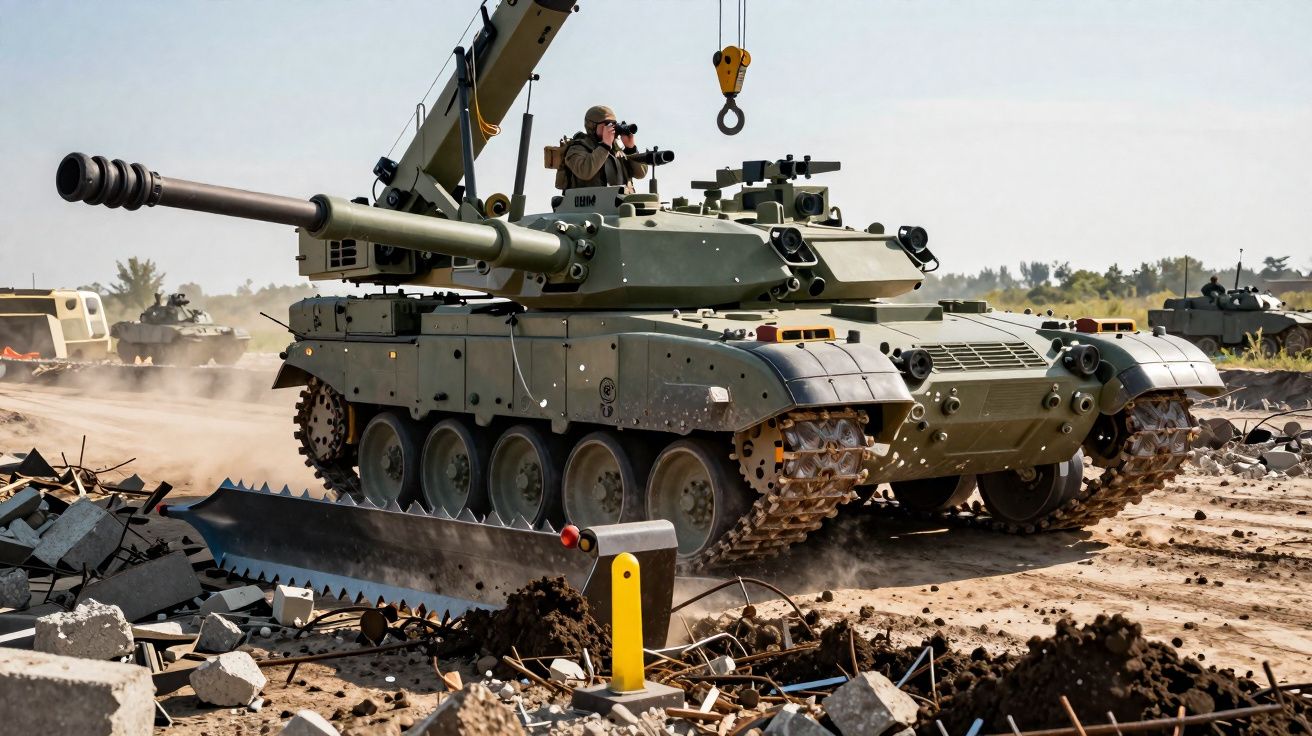Tanque militar verde com soldado usando binóculo passando por área destruída.