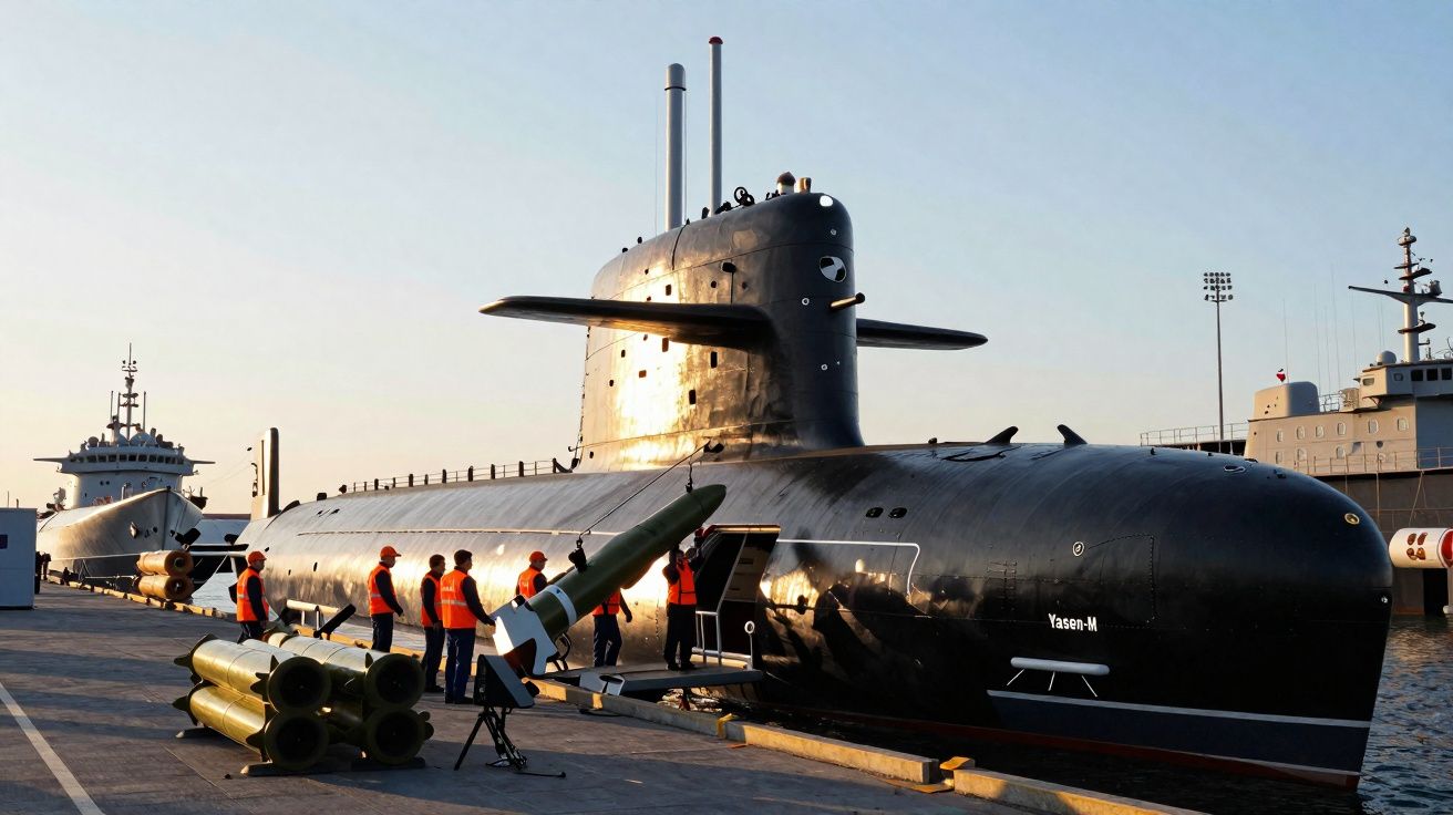 Submarino Yasen-M atracado, com militares ao lado e torpedos sobre o cais ao pôr do sol.