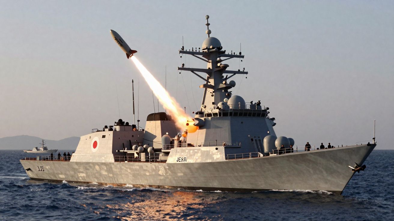 Destróier japonês lançando um míssil sobre o mar em dia claro.