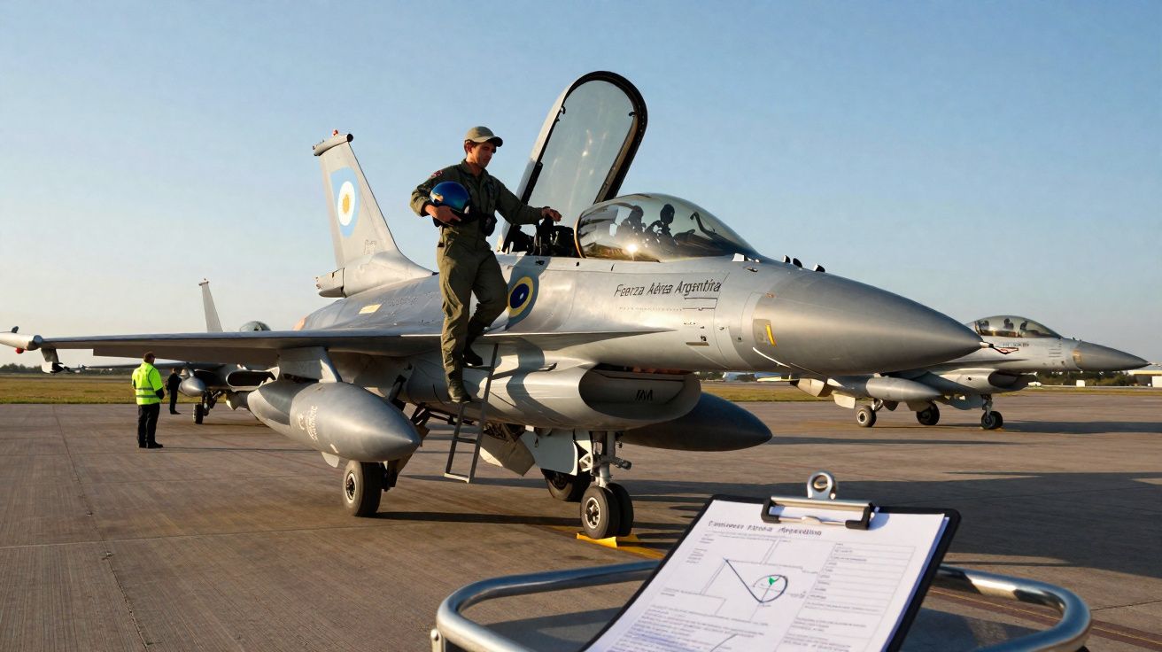 Piloto descendo de caça F-16 da Força Aérea Argentina em pista de aeroporto sob céu claro.