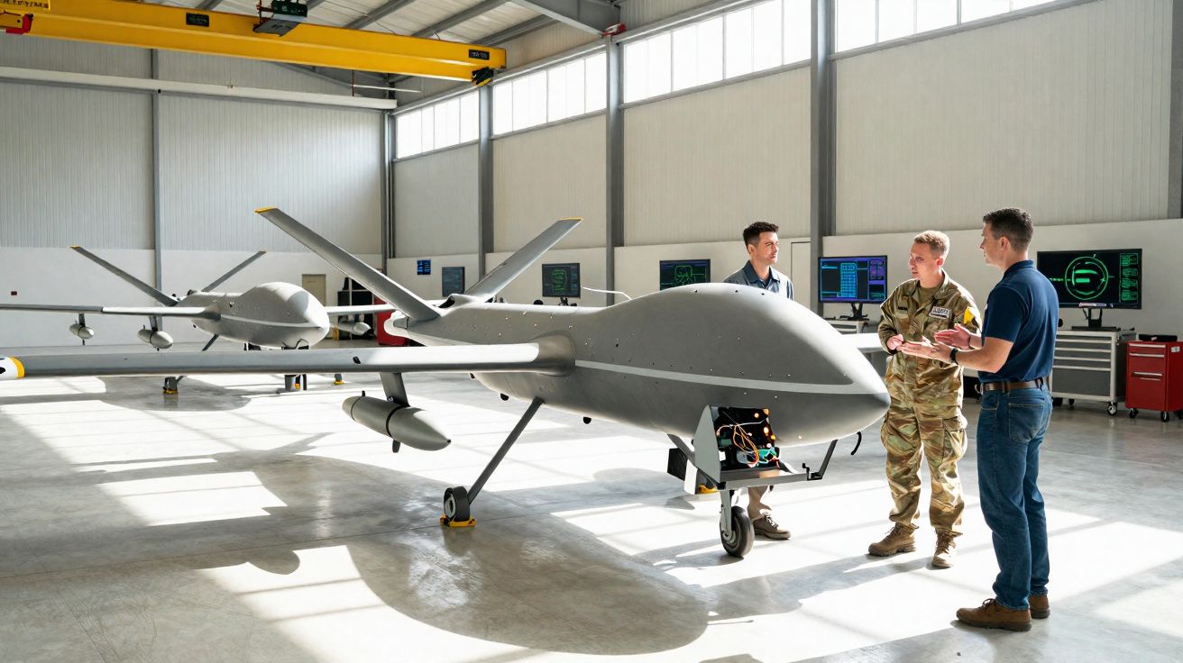 Três homens em conversa próximos a drones militares dentro de um hangar bem iluminado.