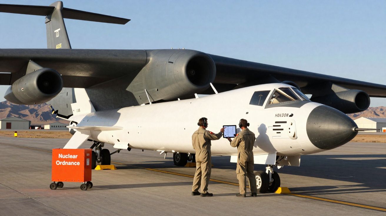 Aeronave militar branca HOKOON com dois tripulantes em uniforme e caixa laranja de munição nuclear ao lado.