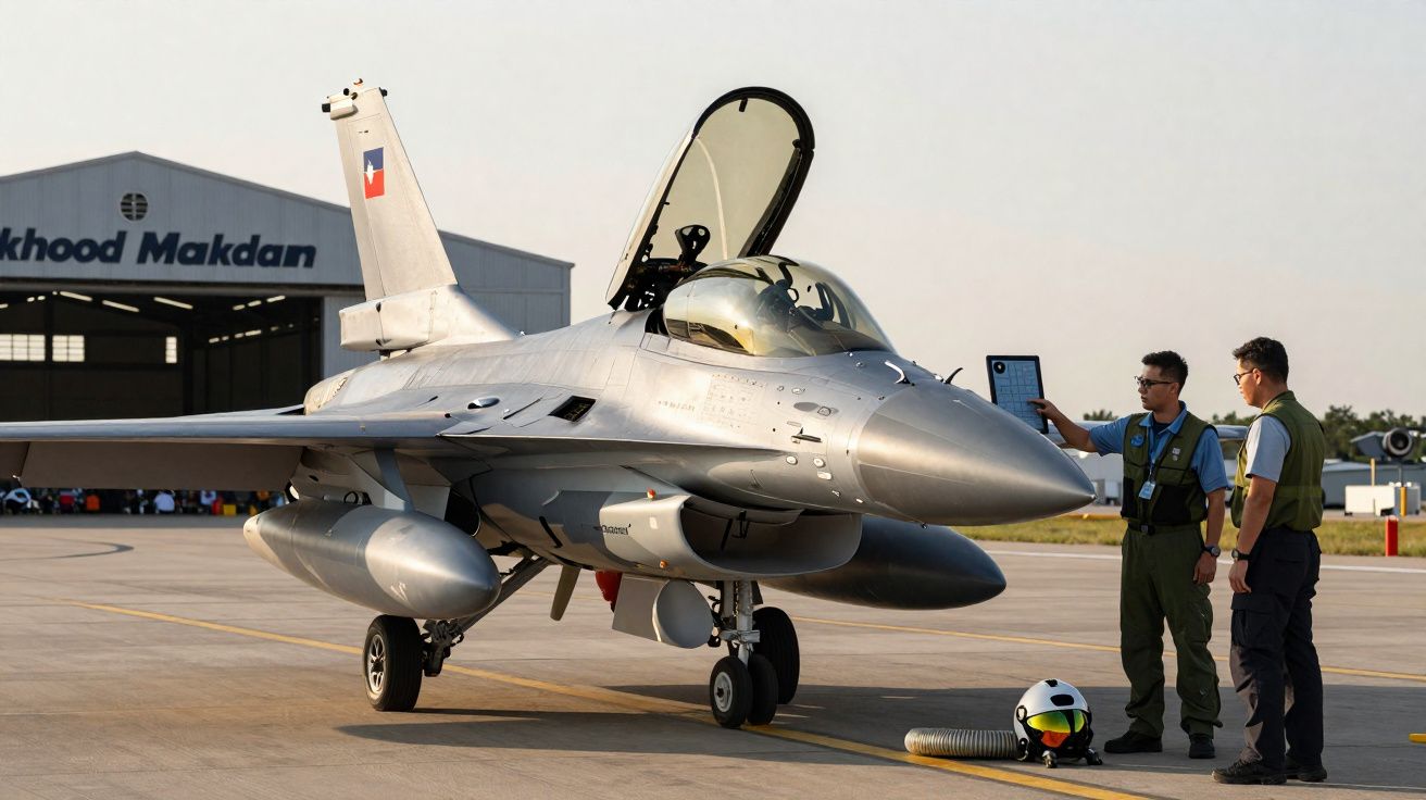 Avião de caça estacionado em pista com duas pessoas em uniforme ao lado e hangar ao fundo.