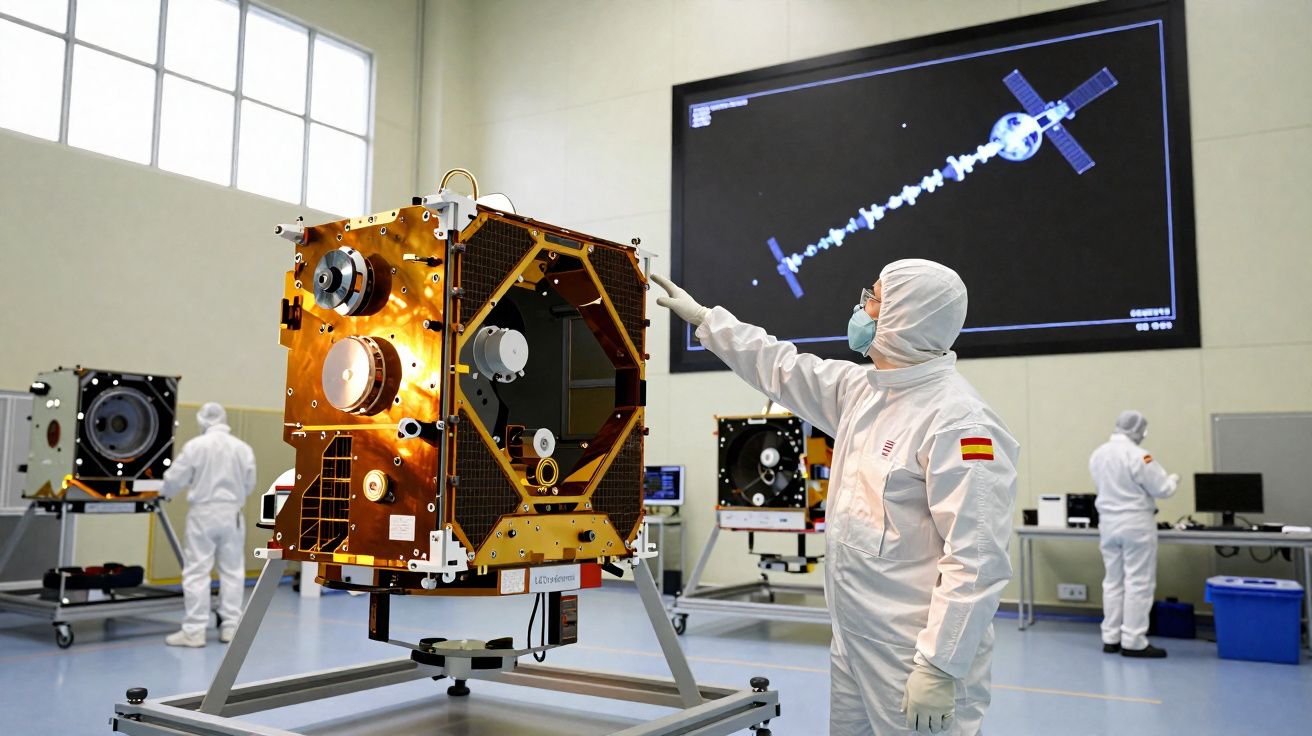 Engenheiro em traje de proteção examina equipamento espacial dourado em laboratório com tela de satélite ao fundo.
