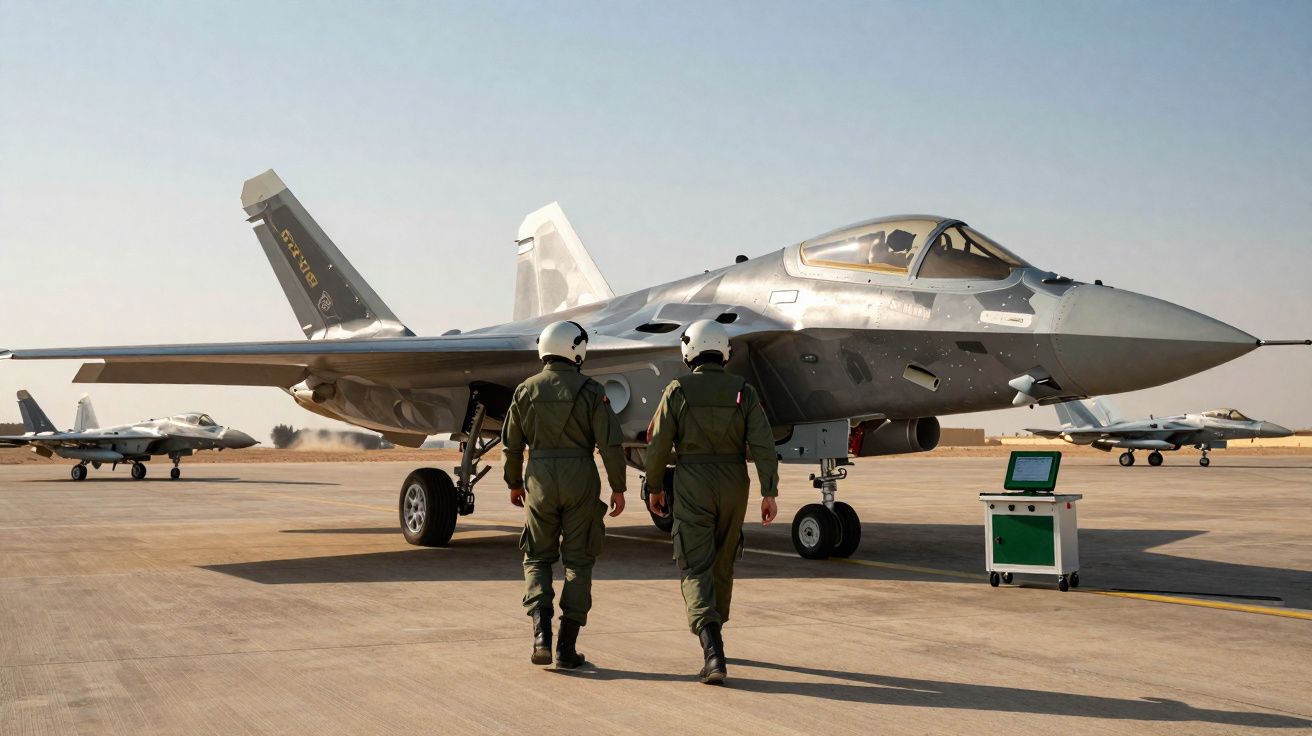 Dois pilotos militares caminham em direção a um caça estacionado em base aérea sob céu claro.