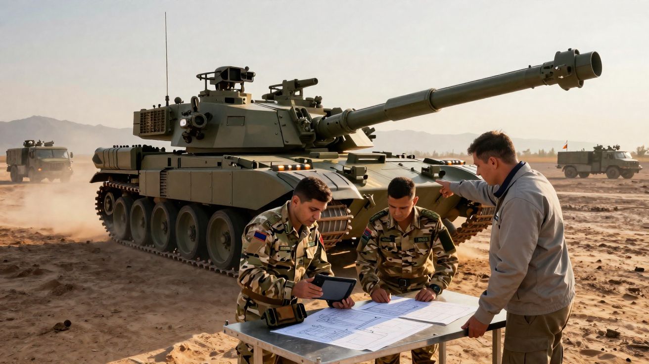 Dois soldados analisam mapas em mesa ao lado de tanque militar em terreno desértico, com homem orientando.