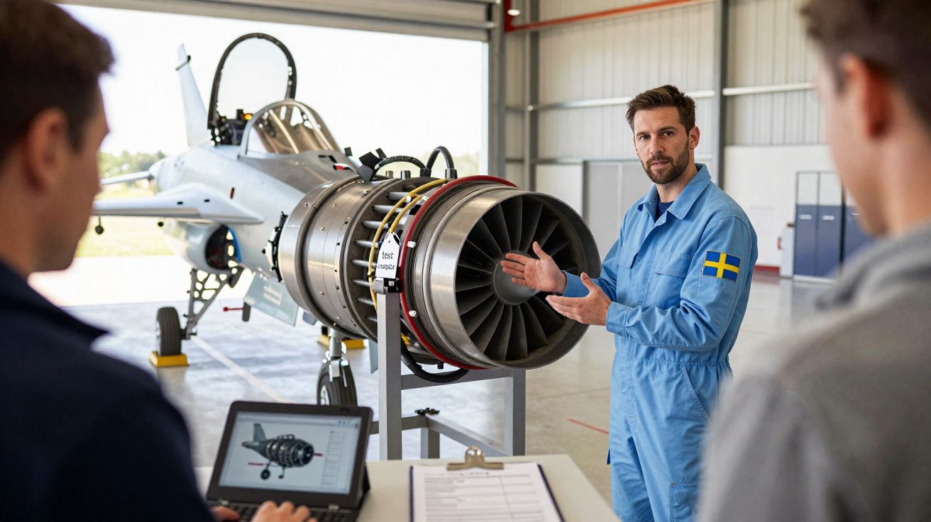 Engenheiro explicando funcionamento de turbina de avião em hangar para duas pessoas.