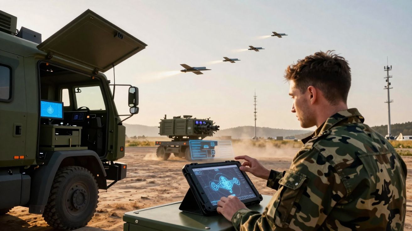 Militar operando tablet em campo com veículos militares e aviões em formação voando ao fundo.