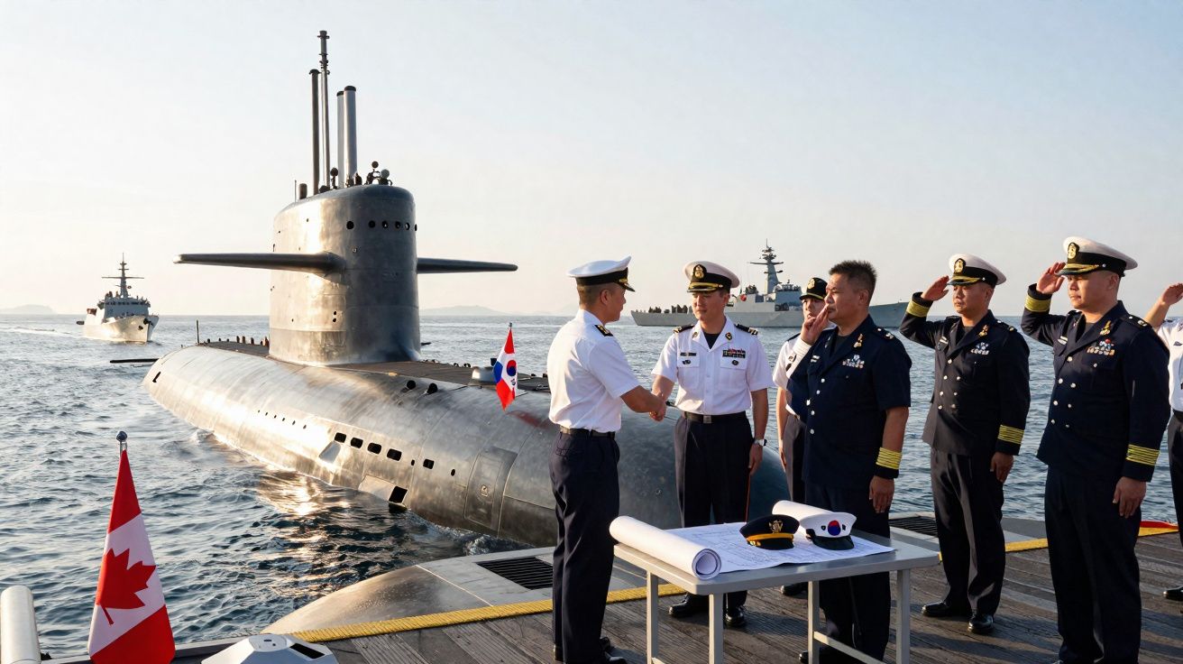Oficiais navais cumprimentam-se em um cais ao lado de submarino em águas calmas ao entardecer.