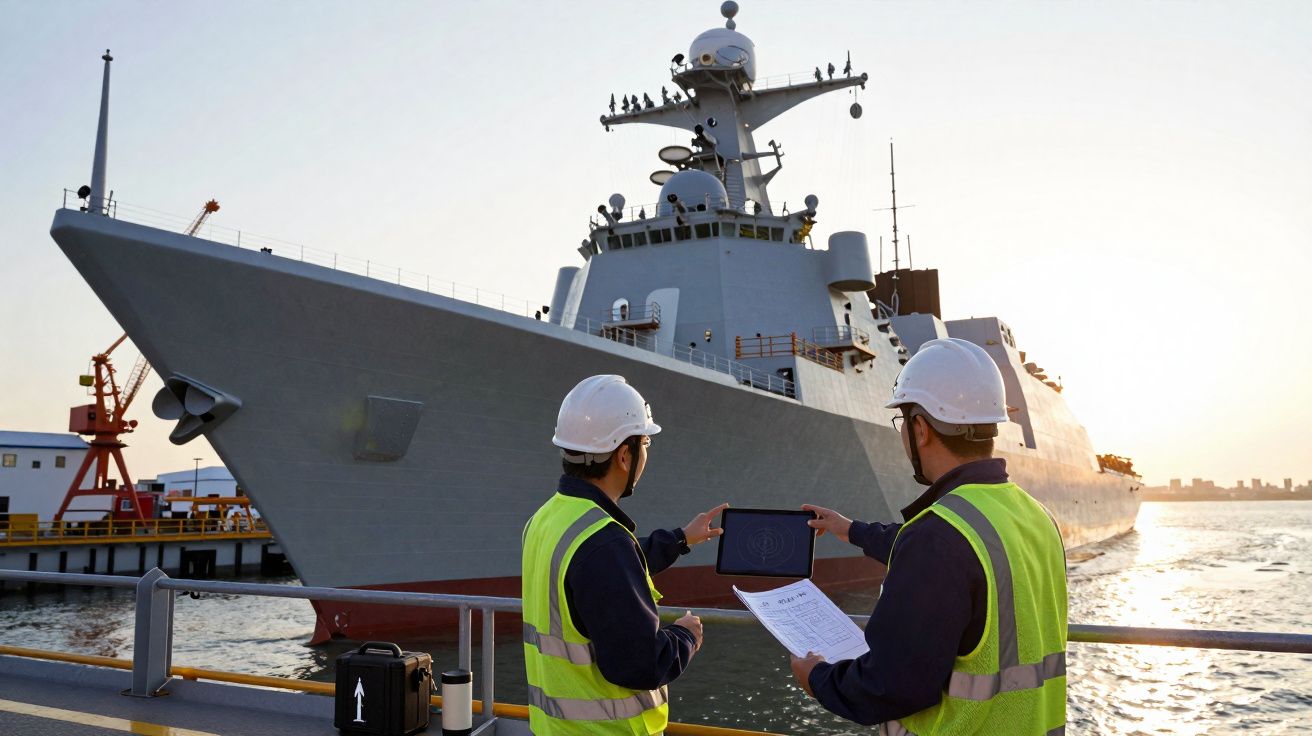 Dois trabalhadores com coletes e capacetes analisam prancheta e tablet em frente a navio militar no porto ao pôr do sol.