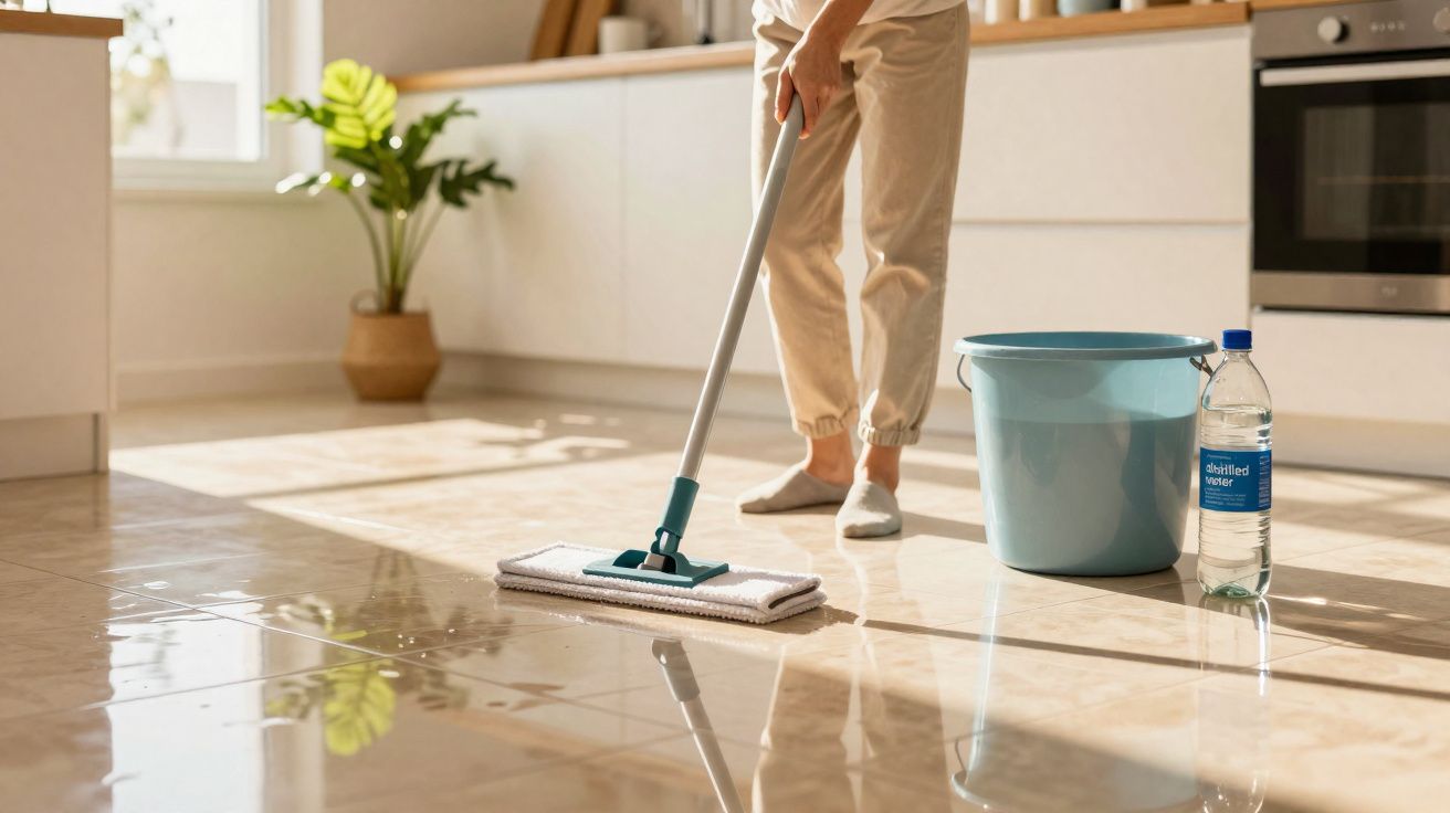 Pessoa limpando chão da cozinha com esfregão ao lado de balde azul e garrafa de água.