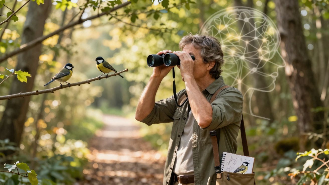 Homem observa pássaros com binóculo em floresta, ao lado de ilustração de cérebro humano transparente.