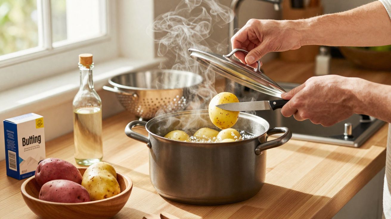 Pessoa cozinhando batatas em panela com vapor, ao lado ingredientes e utensílios na bancada da cozinha.