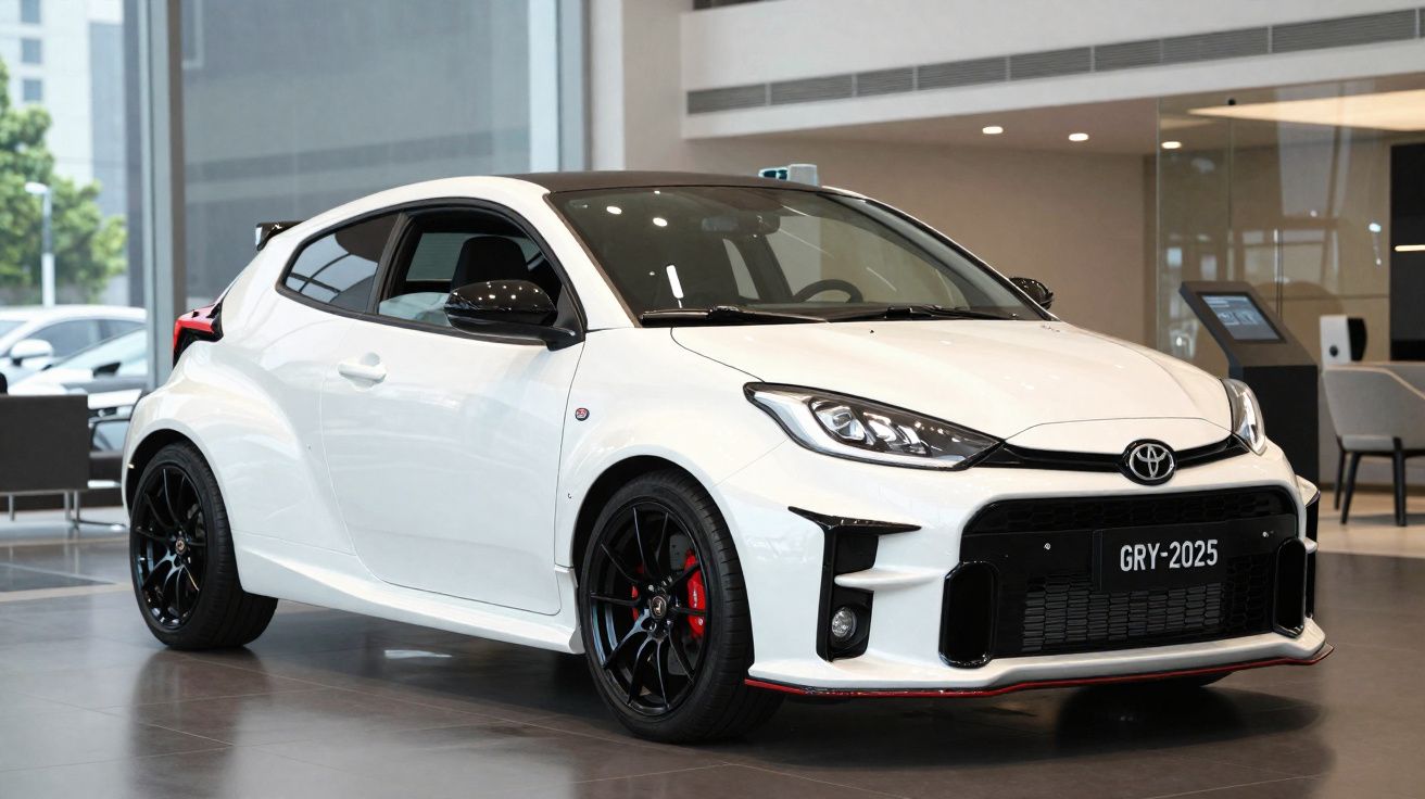 Carro esportivo branco Toyota GRY-2025 estacionado em showroom moderno com piso cinza.