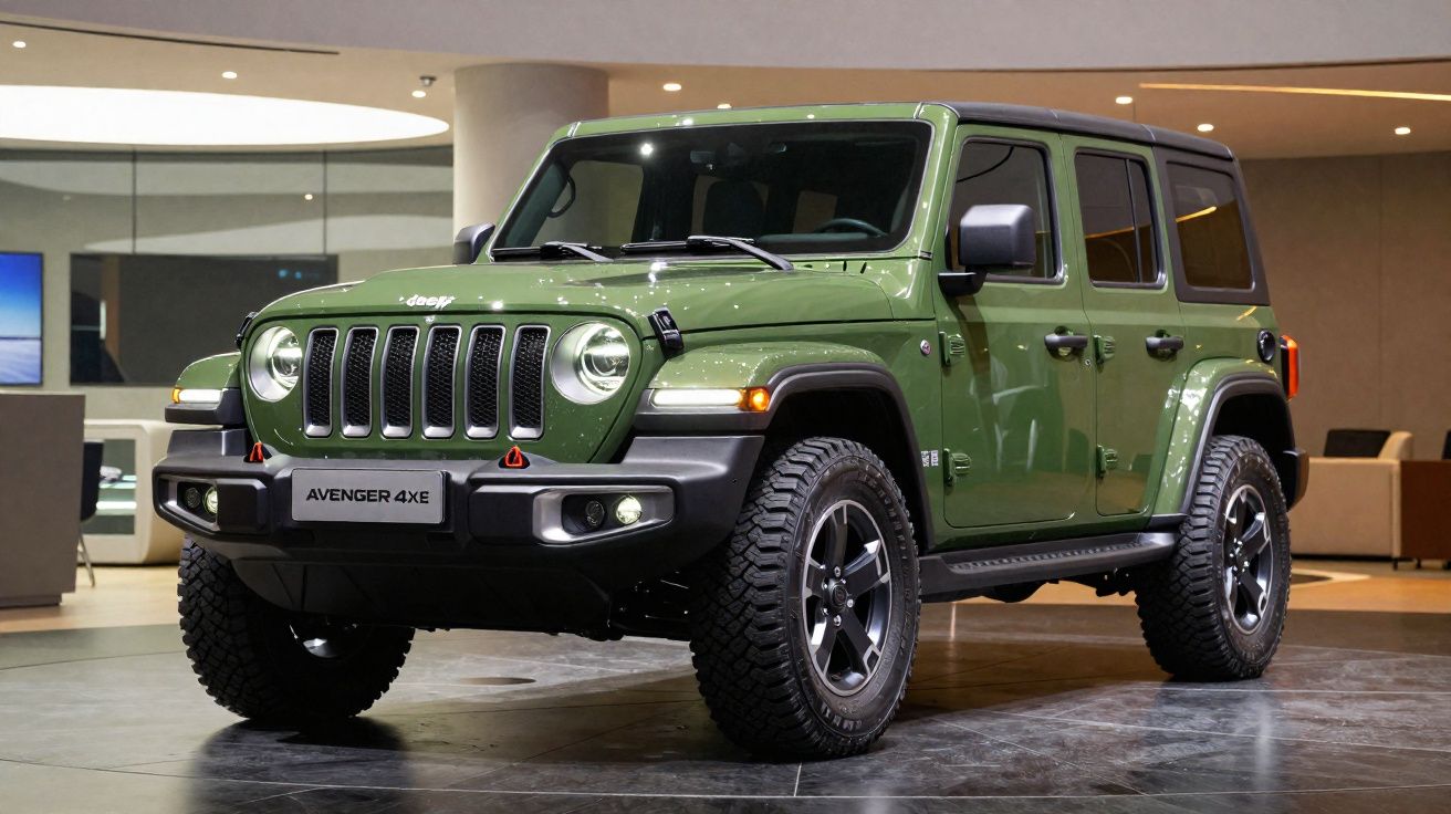 SUV Jeep Avenger 4XE verde estacionado em ambiente interno moderno e iluminado