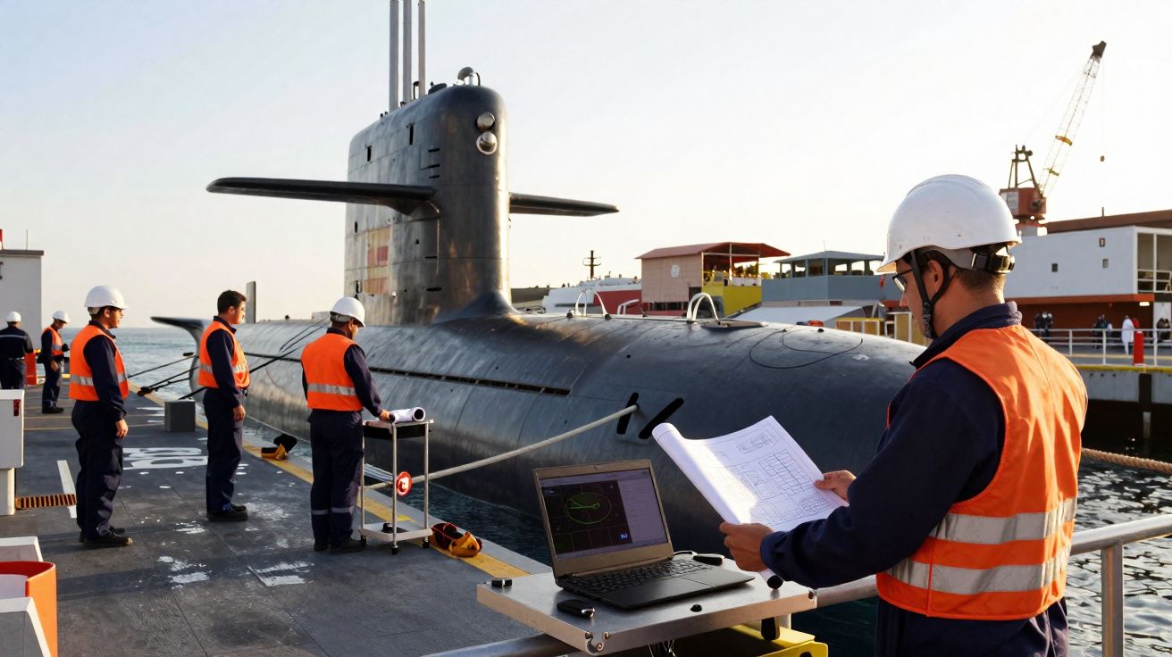 Equipe em coletes laranja e capacetes brancos inspecionando submarino atracado no porto ao entardecer.