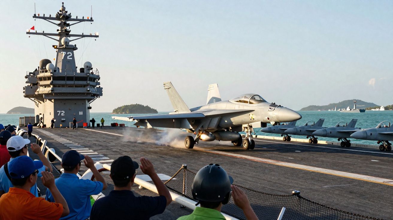 Caças decolam de porta-aviões com pessoas observando e saudando no convés durante o dia ensolarado.