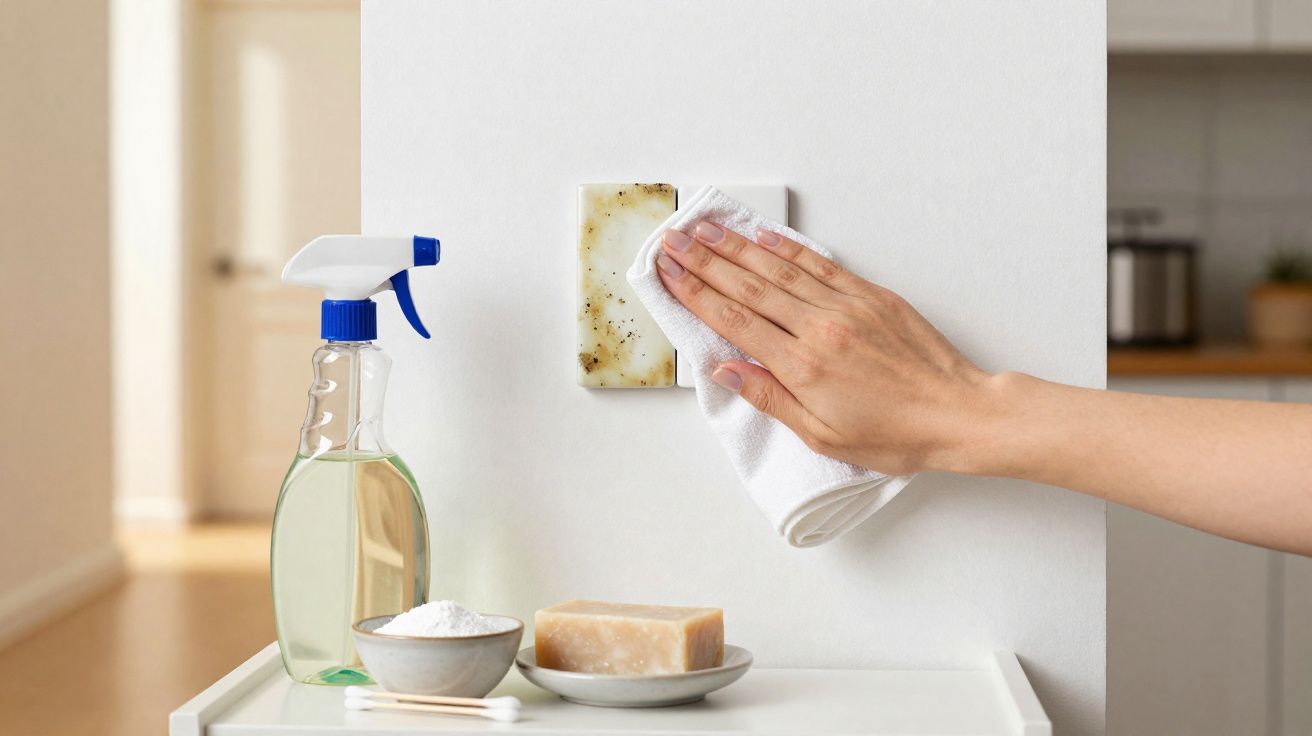 Pessoa limpando interruptor sujo na parede com pano branco e produtos de limpeza caseiros ao lado.