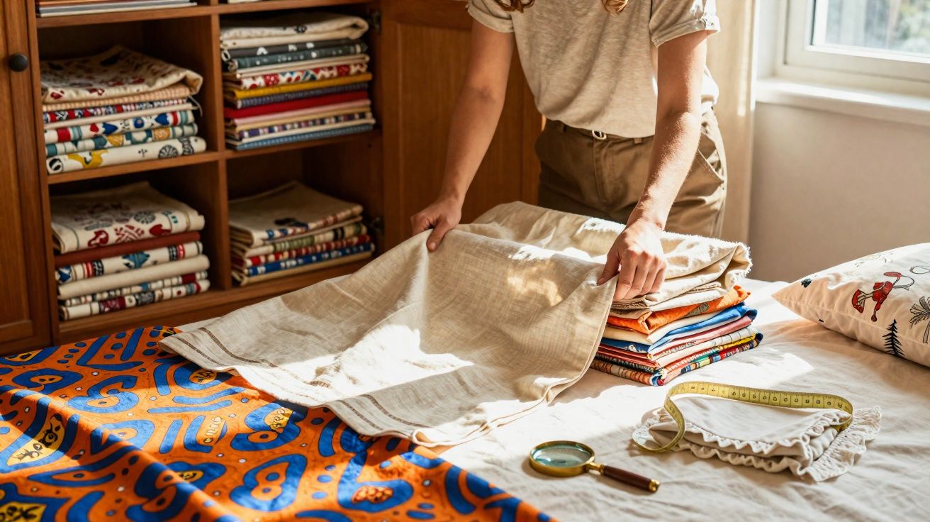 Pessoa organizando tecidos dobrados em uma mesa com fita métrica e lupa ao lado, luz natural entrando pela janela.
