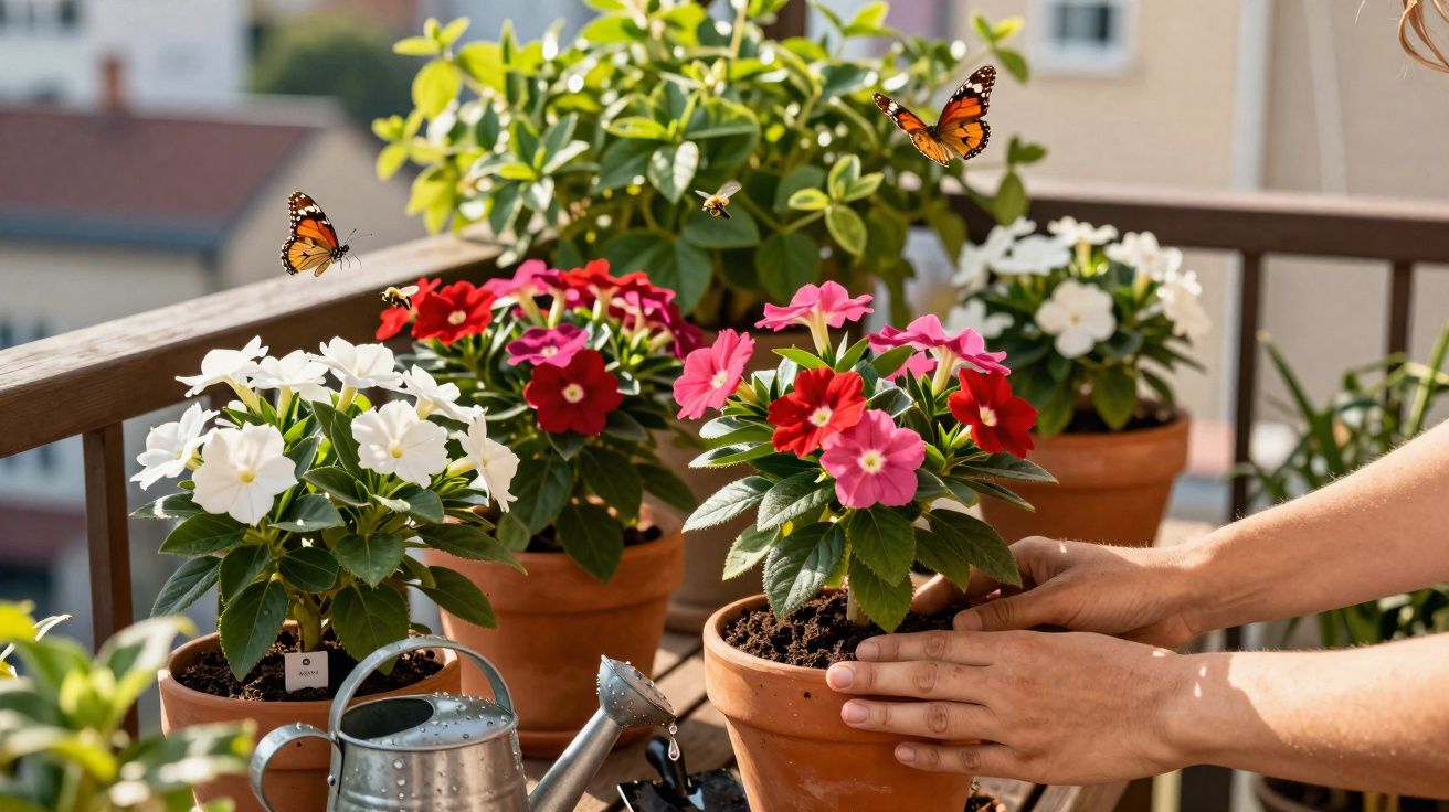 Mãos cuidando de flores coloridas em vasos na sacada com borboletas voando ao redor.
