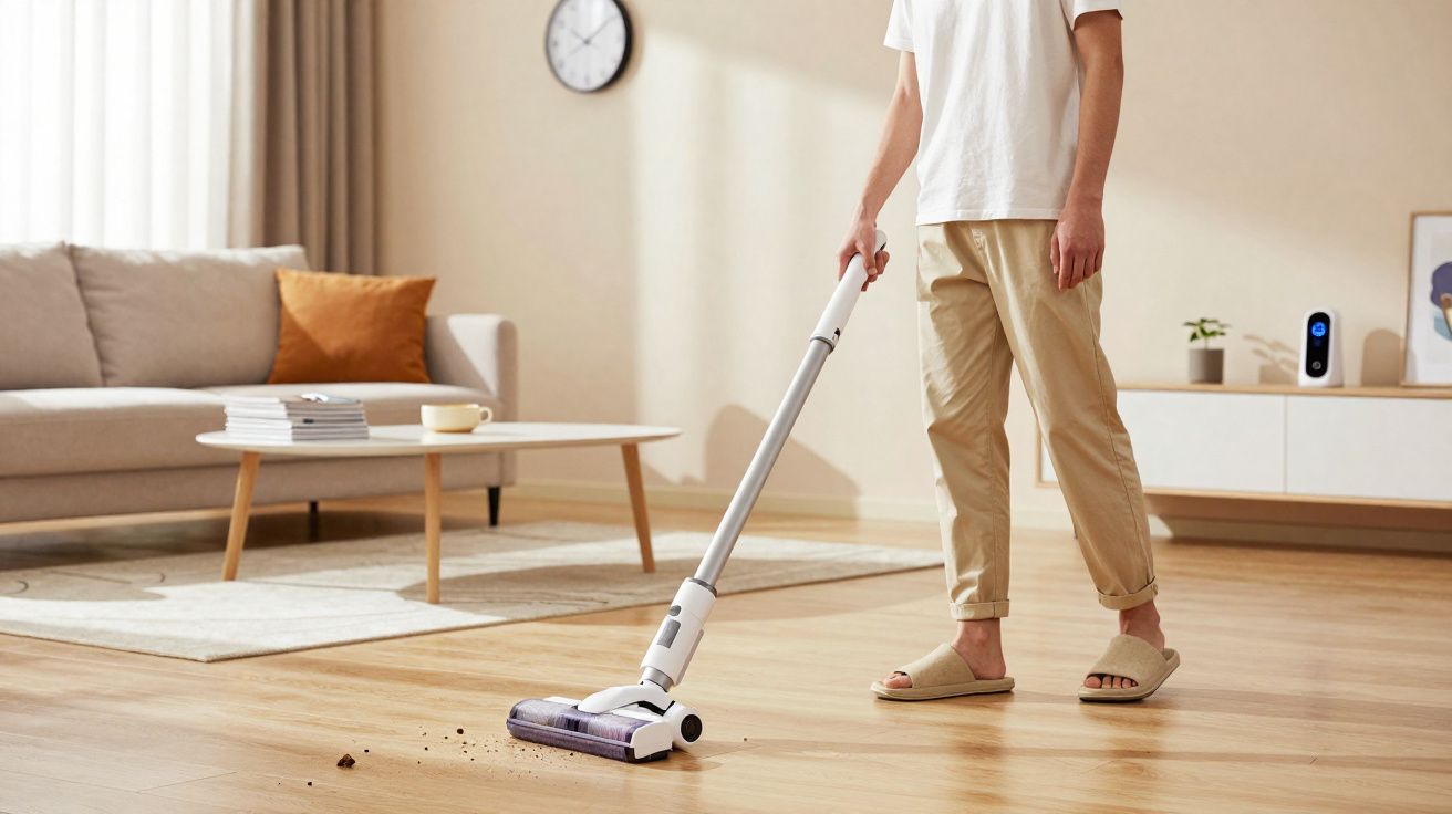 Pessoa usando aspirador sem fio para limpar sujeira no chão de sala com sofá e mesa de centro.