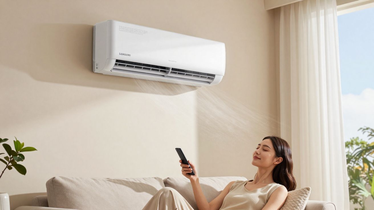 Mulher relaxando no sofá enquanto controla ar-condicionado com controle remoto em sala iluminada.