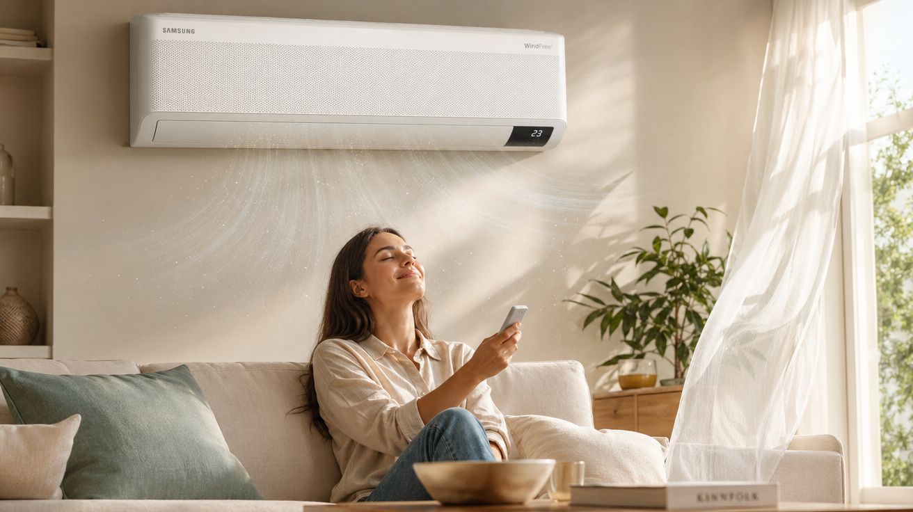 Mulher relaxando no sofá de sala com ar-condicionado ligado e controle na mão em ambiente iluminado pela luz natural.