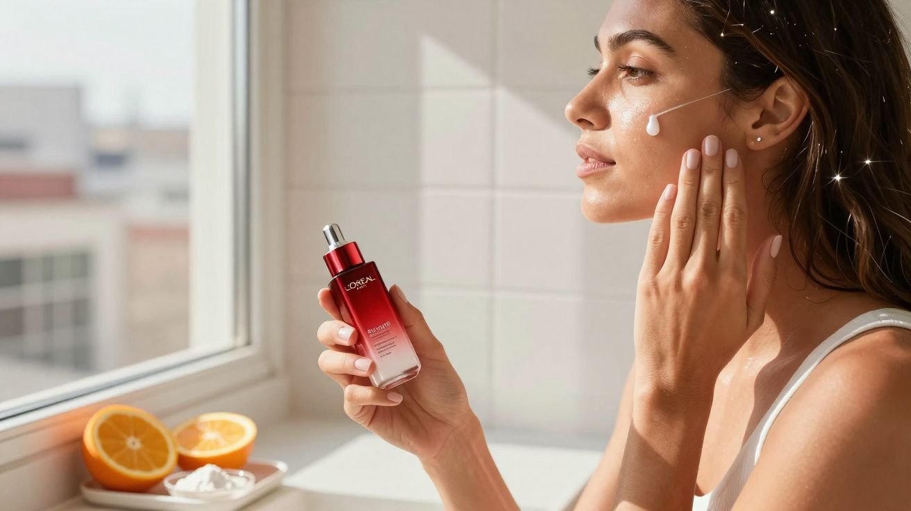 Mulher aplicando sérum facial L'Oréal perto da janela com laranja e creme ao fundo em bancada branca.