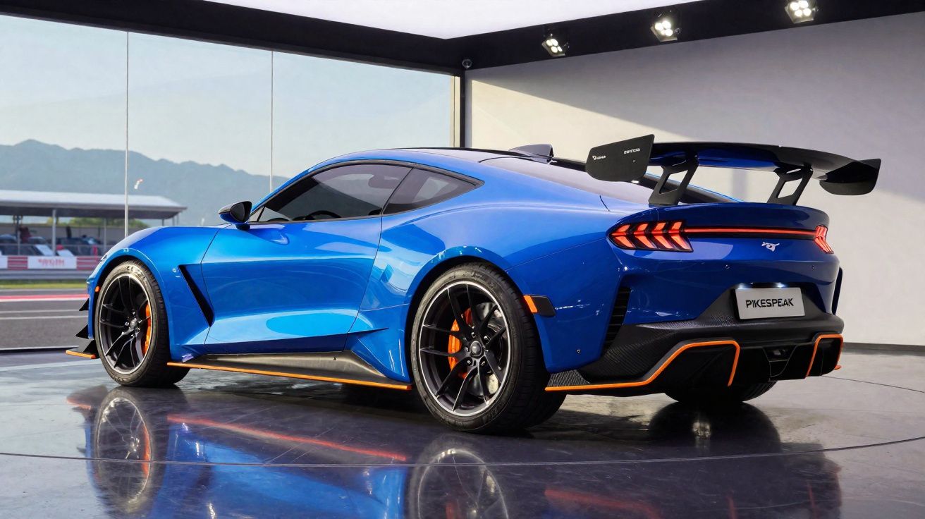 Carro esportivo azul com aerofólio grande estacionado em ambiente fechado com piso refletivo.