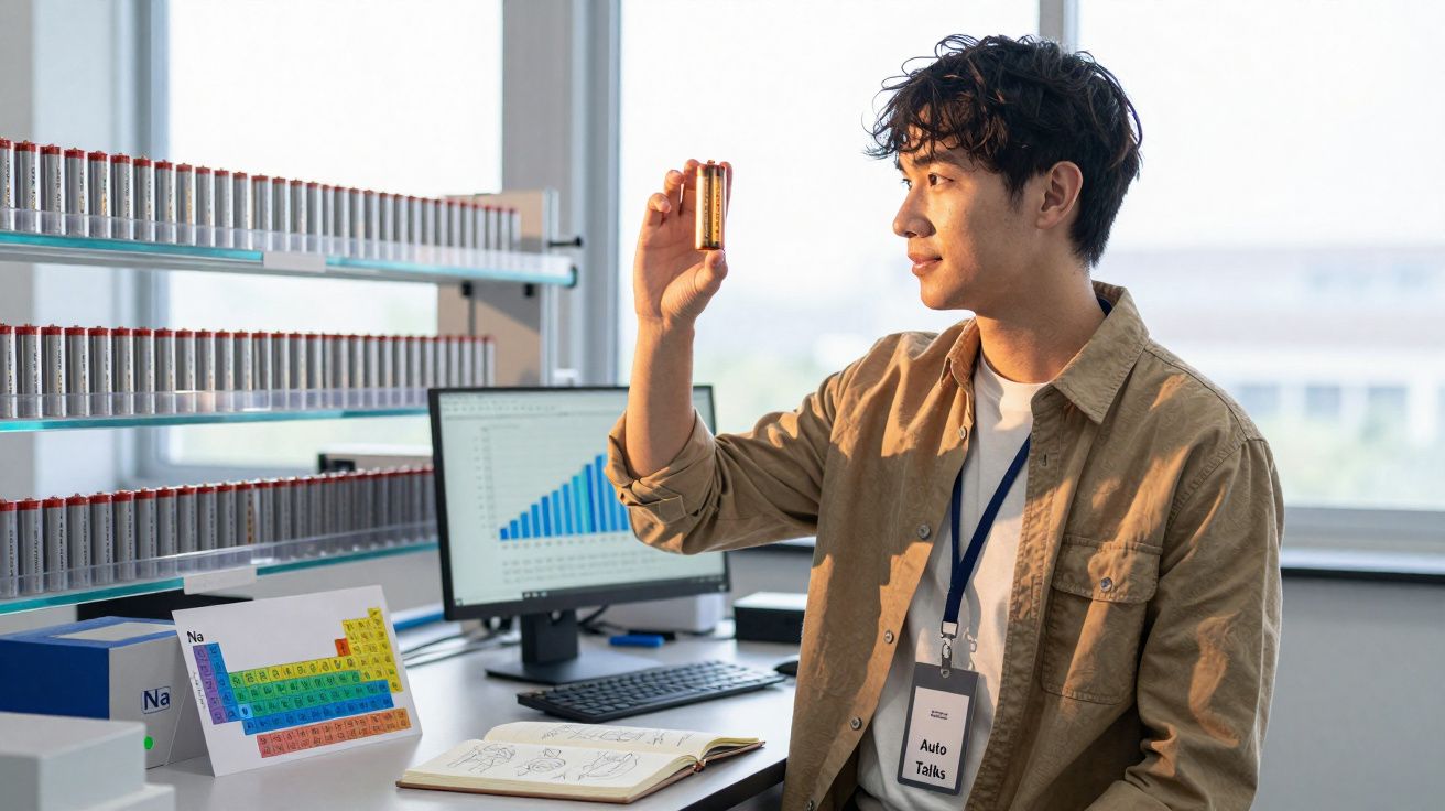 Homem analisa pilhas enquanto trabalha em laboratório com computador e tabela periódica ao fundo.