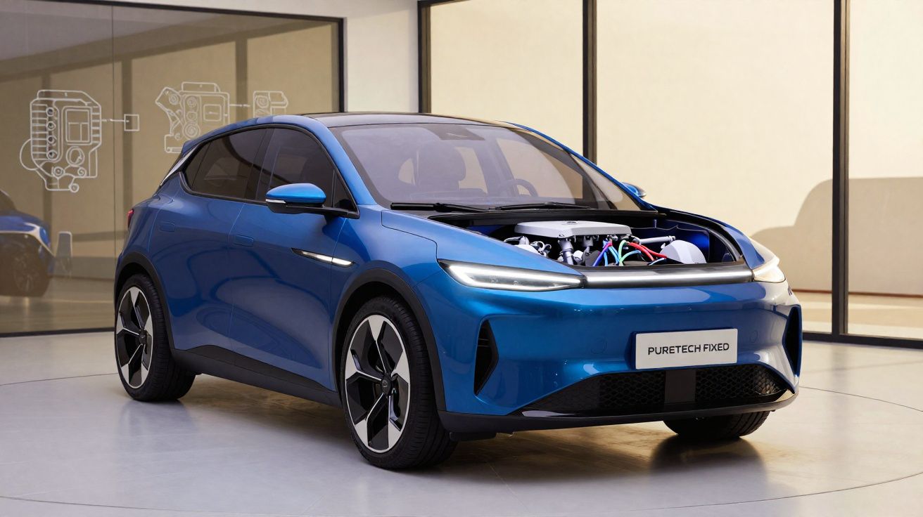 Carro elétrico azul sem capô, mostrando o motor em um ambiente interno moderno e iluminado.