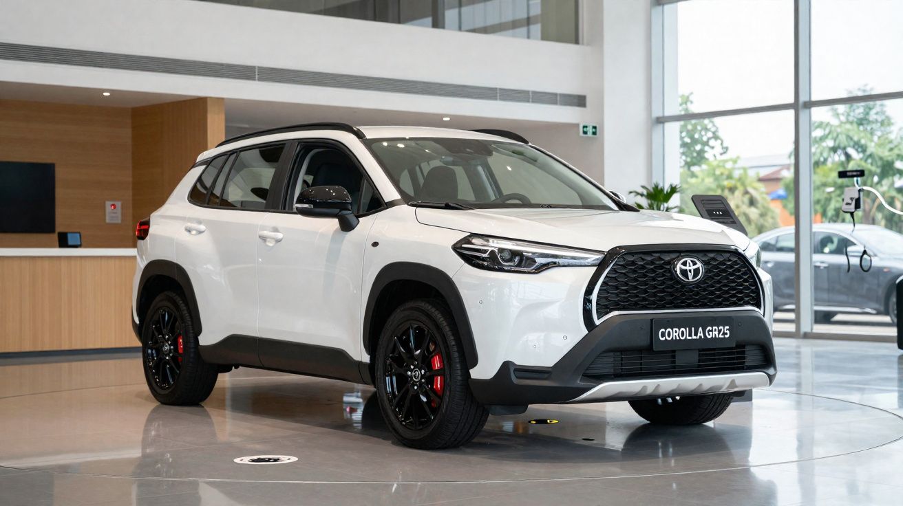 Carro branco Toyota Corolla GR25 exibido em showroom moderno com piso de vidro e iluminação natural.