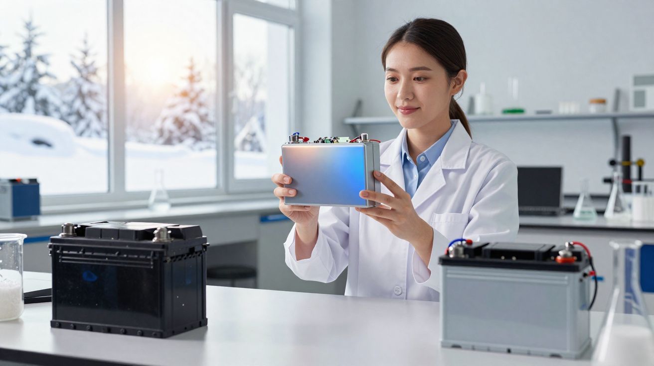 Mulher cientista em jaleco branco segurando bateria em laboratório com neve na janela ao fundo.