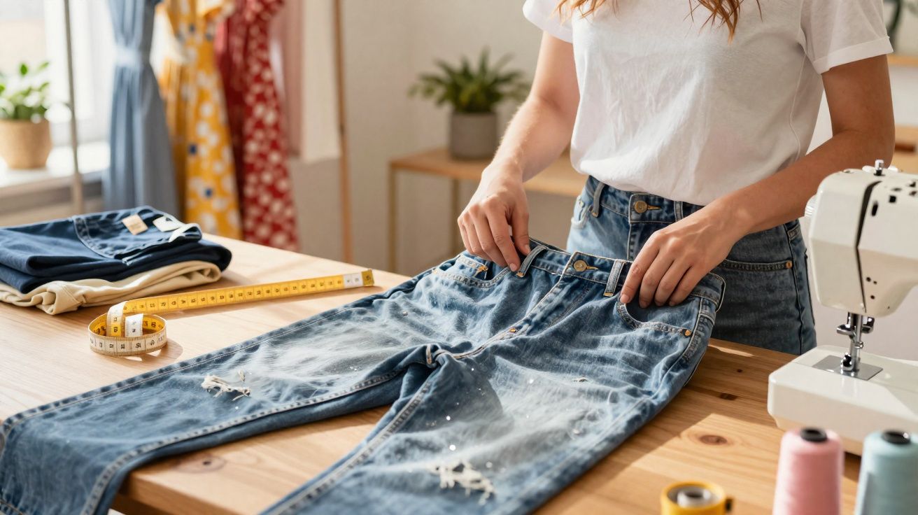 Mulher ajustando calça jeans em mesa com máquina de costura, fita métrica e linhas coloridas.