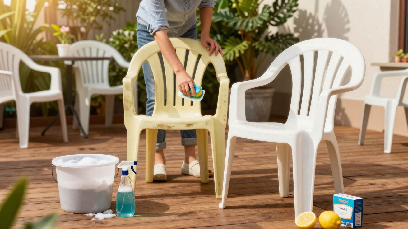 Pessoa limpando cadeira plástica amarela com esponja em varanda com outras cadeiras ao fundo.