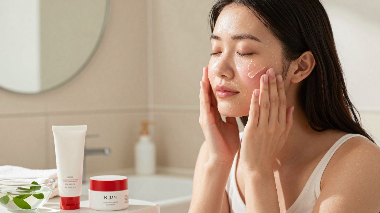 Mulher aplicando creme facial com olhos fechados em banheiro iluminado e produtos de skincare ao lado.