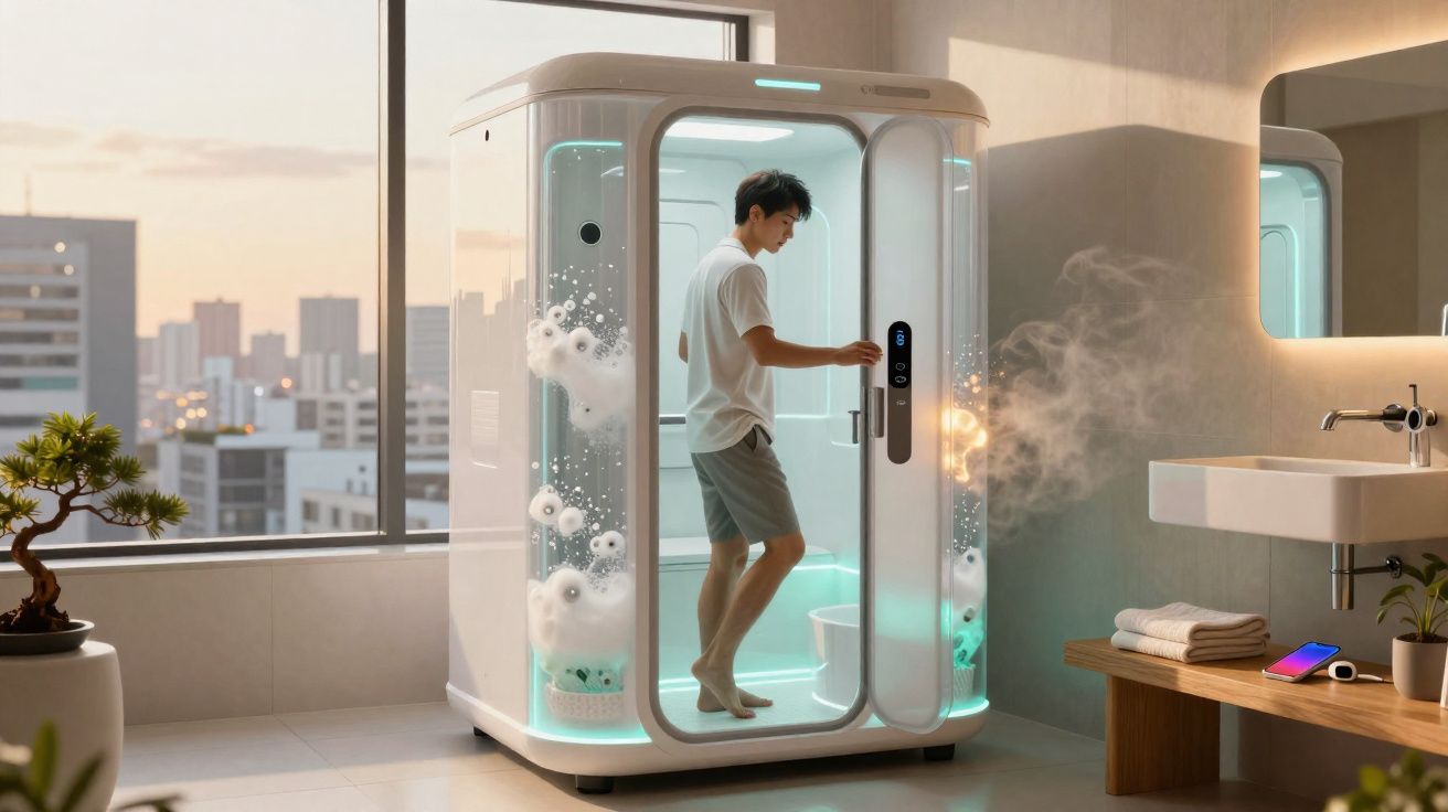 Homem usando cabine de banho futurista em banheiro moderno com vista urbana ao pôr do sol.