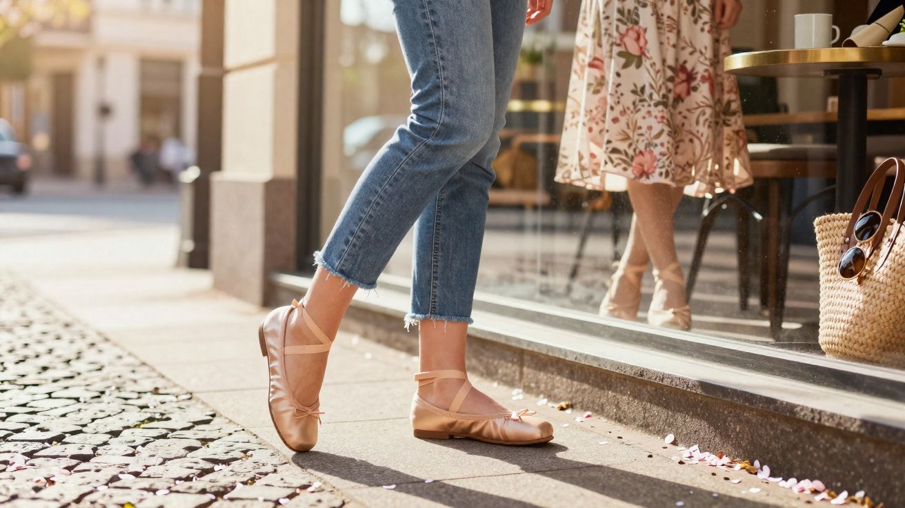 Pés femininos de uma mulher com calça jeans e sapatilhas rosas, observando vitrines de lojas na calçada.