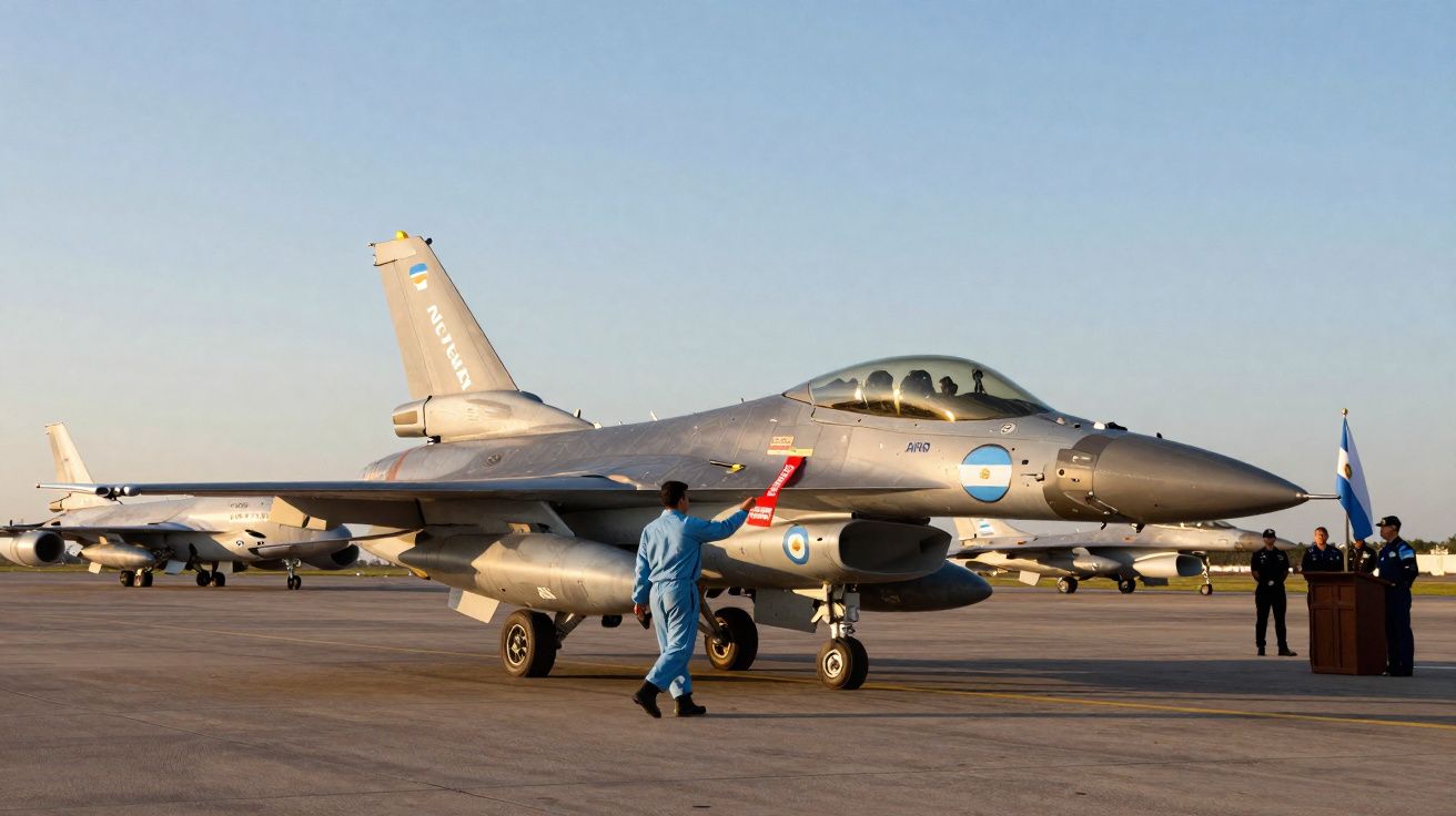 Avião de caça militar argentino na pista com pessoal em atividade sob céu claro ao entardecer.