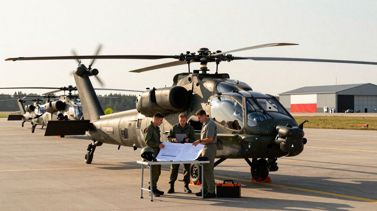 Três militares analisam mapas à frente de helicóptero de ataque estacionado em pista de aeroporto militar.