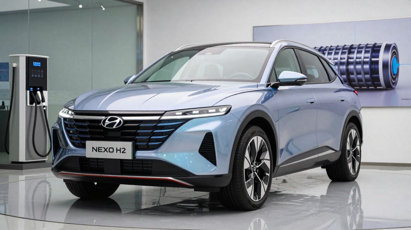SUV elétrico Hyundai Nexo H2 azul em exposição ao lado de estação de recarga elétrica.
