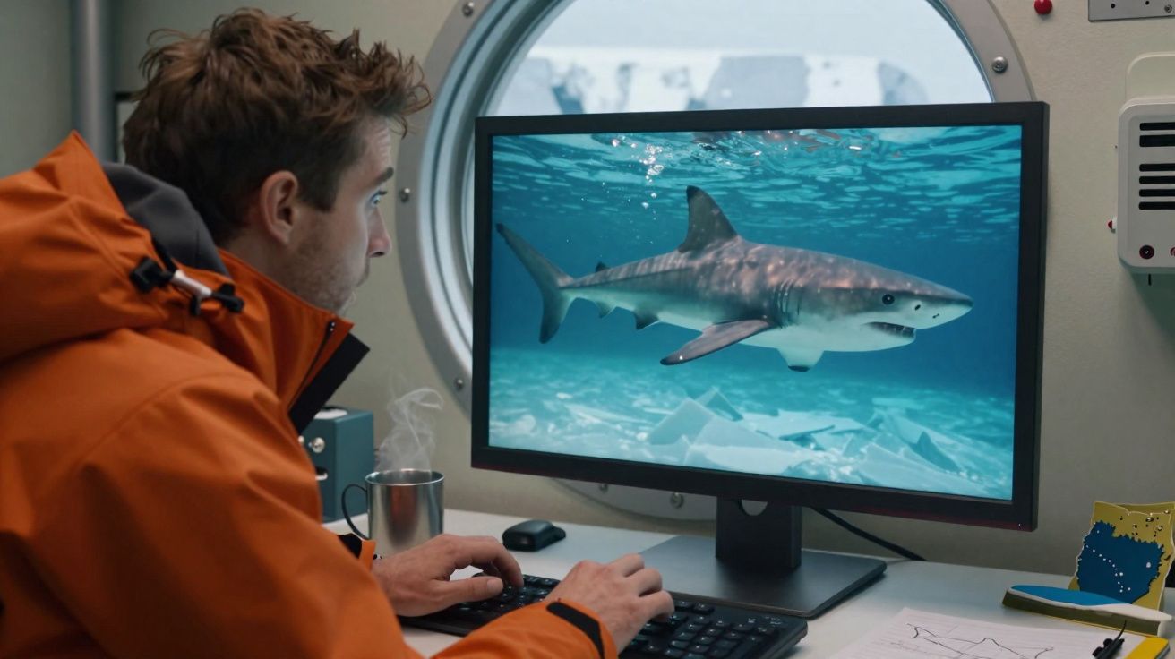 Homem em jaqueta laranja observa tubarão em monitor de computador dentro de ambiente com janela circular.