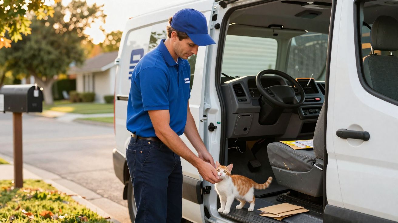 Entregador em uniforme azul acaricia gato dentro de van branca estacionada na rua residencial.