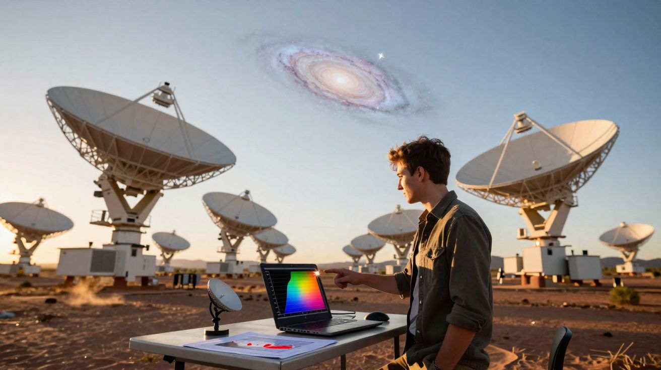 Jovem cientista em estação com antenas parabólicas observa dados no laptop sob galáxia no céu ao entardecer.