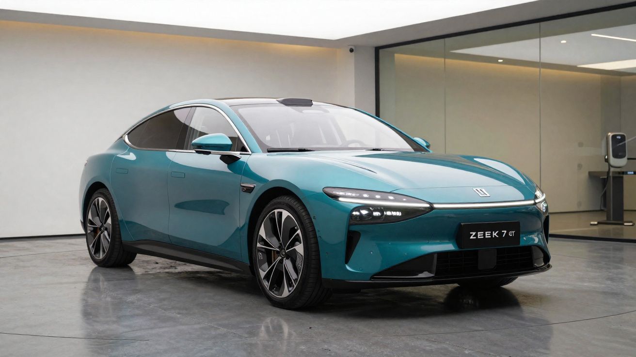 Carro elétrico azul Zeek 7 GT estacionado em ambiente interno moderno com parede branca e vidro.